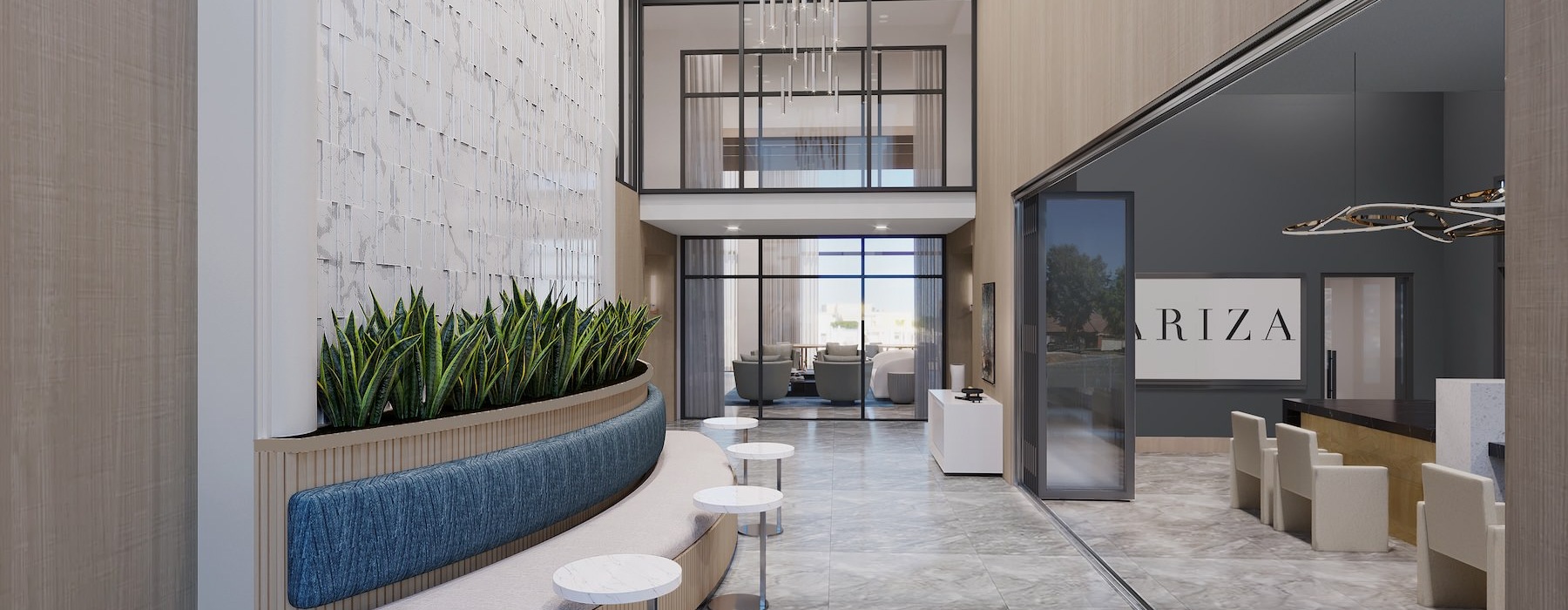 a clubroom hallway with a bench and tables